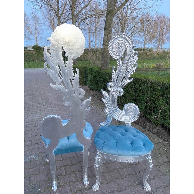 1970s Italian Rococo Silver Beech Velvet Side Chairs Pair For Sale - Image 6 of 12
