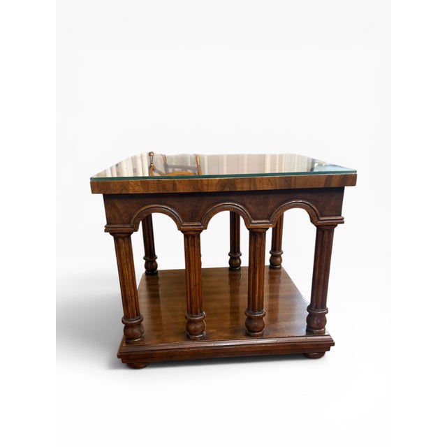 Pair of Drexel Classic Court Burl Walnut Arcaded End Tables With Glass Tops, 1975 For Sale - Image 9 of 13