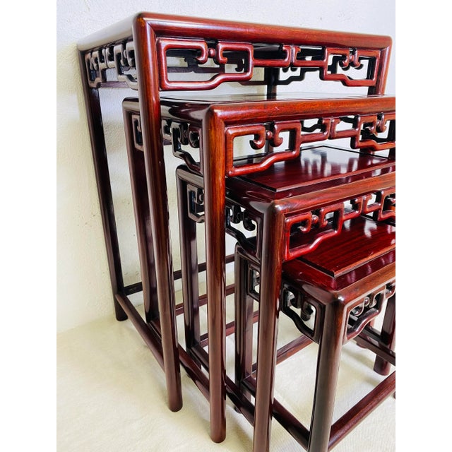 Chinese Vintage Hand Carved Asian Style Mahogany Nest of Tables. For Sale - Image 3 of 13