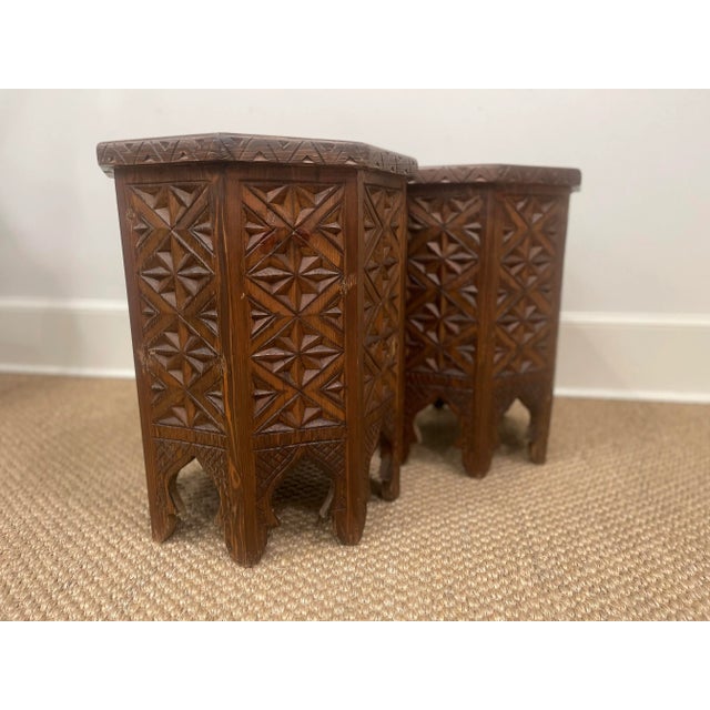 2020s Octagon Moroccan Carved Wooden Side Tables- Pair WithGlass For Sale - Image 5 of 12
