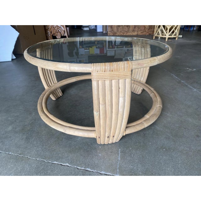 Mid-Century Modern 1950s Five Strand Rattan Coffee Table With Glass Top For Sale - Image 3 of 7