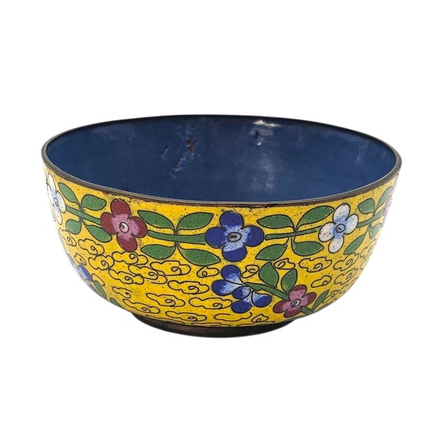Chinese Chinese Cloisonné Enamel Bowl With Yellow Floral Exterior and Blue Interior For Sale - Image 3 of 13
