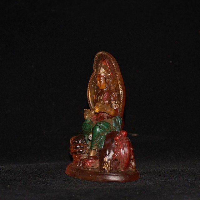 Brown Vintage Chinese Liuli Glazed Porcelain Buddha Statue With Lion Mount For Sale - Image 8 of 9