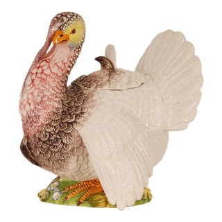 Vintage Italian Tureen Ceramic Turkey Animal Figurine Barbotine Hand Crafted Figural Bird Tureen Porcelain Tariff Free Delivery For Sale
