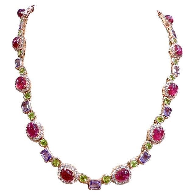 Bochic “Capri” Ruby, Amethyst, Peridot & Topaz Necklace In 18K Gold & Silver Elegant and Classic Italian style Natural...