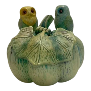 1970s Vintage, Signed Sculpture of Two Owls on a Pumpkin by Sergio Bustamante