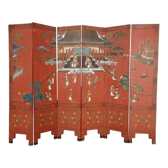 Antique Oriental Asian Red Coromandel Six Panel Folding Screen Palace Scene For Sale