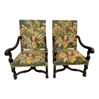 18th C. French Baroque Needlepoint Armchairs - A Pair For Sale