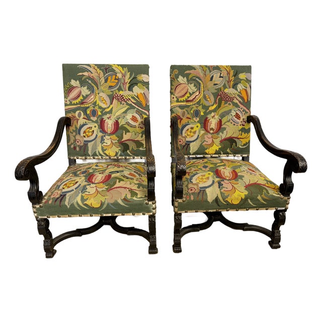 18th C. French Baroque Needlepoint Armchairs - A Pair For Sale