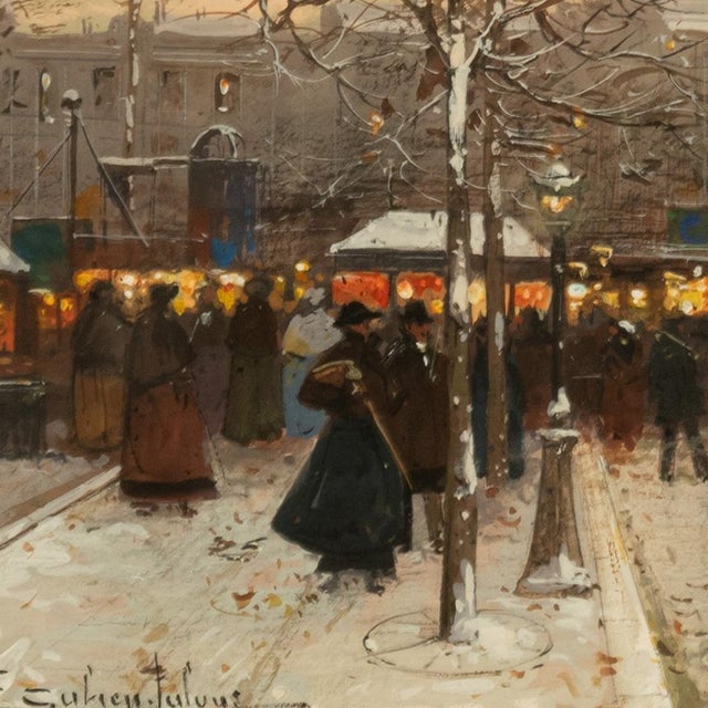 Tan French Impressionist Painting Winter Landscape Scene "Foire De Montmartre" Paris by Eugene Galien-Laloue, 1900 For Sale - Image 8 of 12