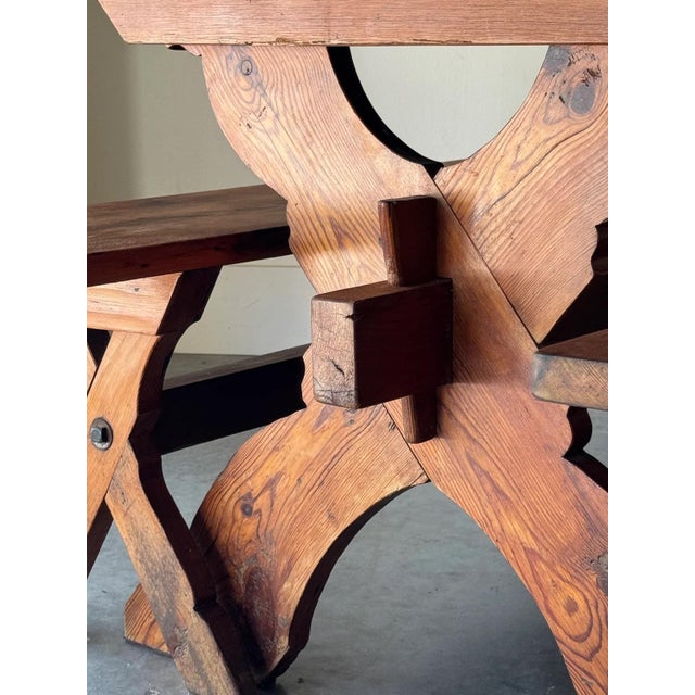 1960s 1960s Spanish Pine Wedge Joint Dining Set Table and Bench For Sale - Image 5 of 7
