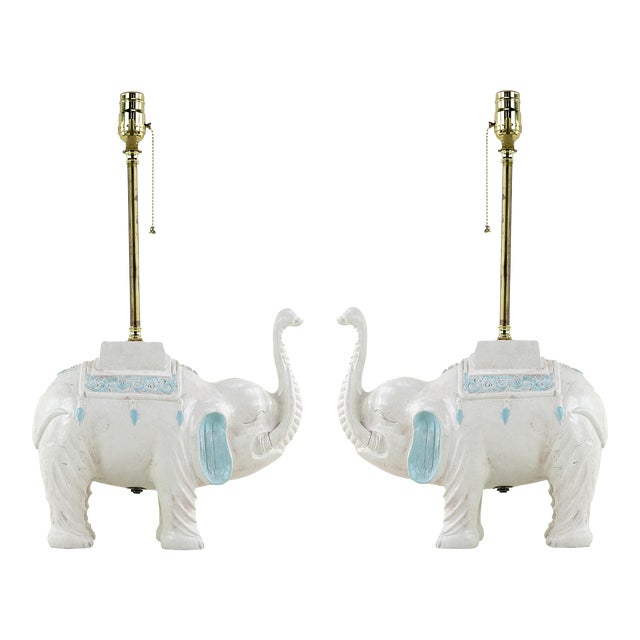 A Pair of Vintage White Handmade Wooden Elephant Table Lamps For Sale