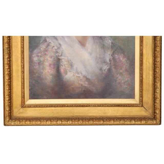 Textile Antique 19th Century English Impressionist Oil on Canvas Painting Female Portrait by F. Norman Circa 1895 For Sale - Image 7 of 11