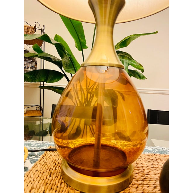Hollywood Regency Vintage Amber Glass Lamp For Sale - Image 3 of 9