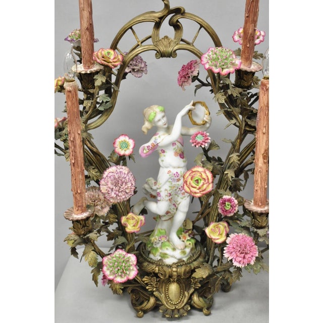 Late 20th Century French Louis XV Repro Bronze & Porcelain Candelabra Lamps by United Wilson, Pair For Sale - Image 4 of 18