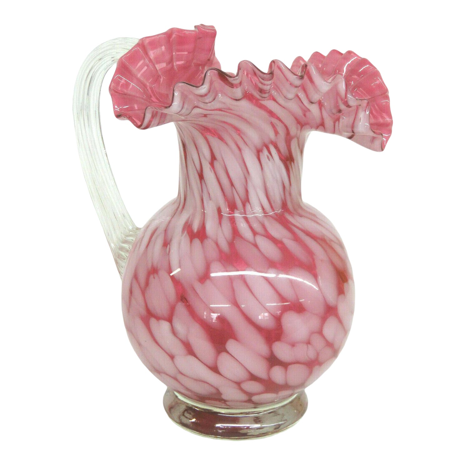 Fenton Style Cranberry Pink Spatter Glass Ruffled Crimped Rim Pitcher