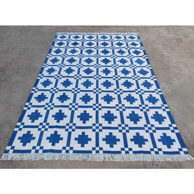 Not Yet Made - Made To Order Handmade Cotton Rug, Indigo Blue And White Star Pattern Striped and Cream Fringe - 6'x9' For Sale - Image 5 of 10