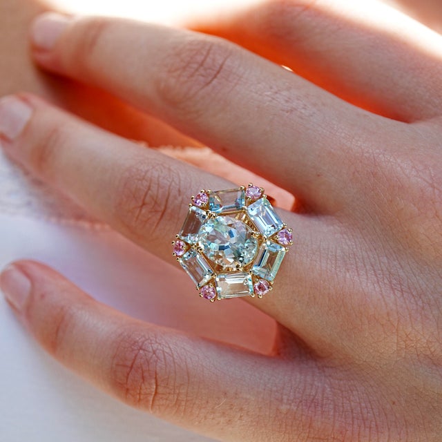 14K Yelllow Gold Natural Aquamarine｜Sky Blue｜Oval & Emerald-Cut｜Eye Clean Aquamarine CTW: 5.60 Natural Pink...