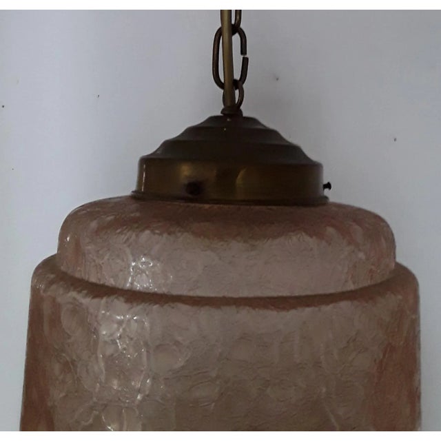 Art Deco Ceiling Lamp with Pink Patterned Glass Lampshade & Brass Painted Plastic, 1930s For Sale - Image 4 of 6