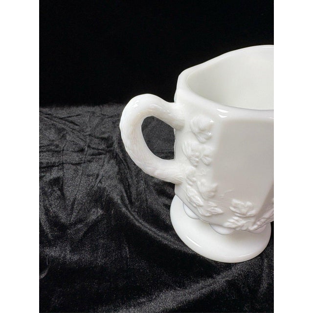 Westmoreland Glass Westmoreland Milk Glass Creamer Pitcher Paneled Grape Pattern Footed For Sale - Image 4 of 8