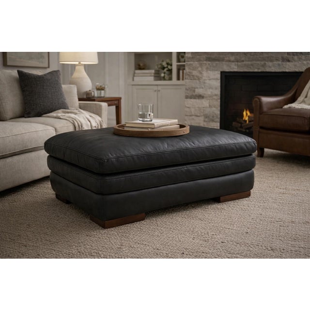 Late 20th Century Late 20th Century Modern Black Leather Oversized Ottoman / Cocktail Ottoman With Wood Block Feet For Sale - Image 5 of 5