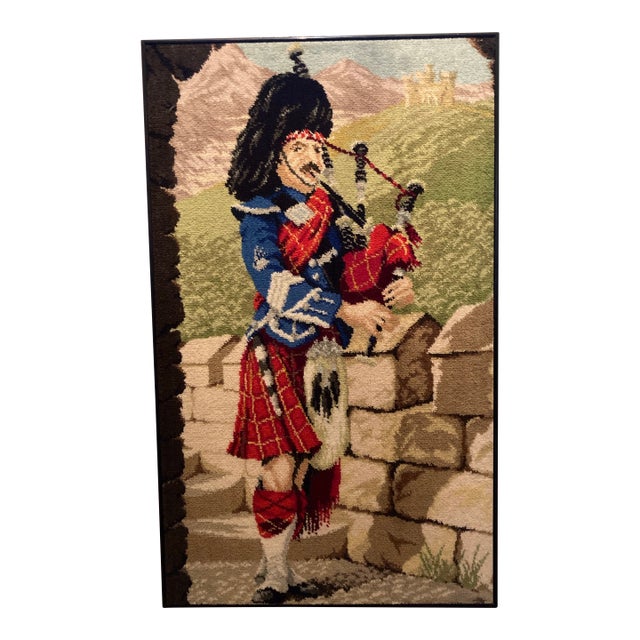 Vintage Scottish Embroidered Bagpiper Wall Hanging For Sale