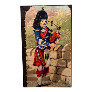 Vintage Scottish Embroidered Bagpiper Wall Hanging