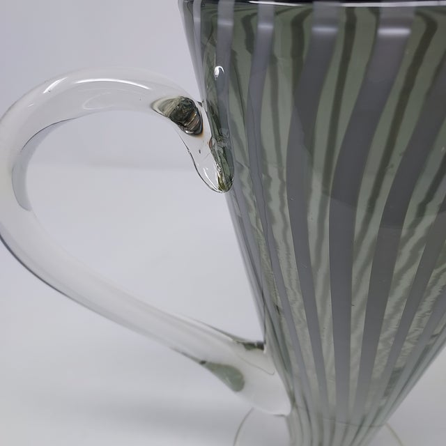 1990s Striped Venetian Style Pitcher Blown Glass Martinis or Water Smoky Gray Green White For Sale In New York - Image 6 of 6