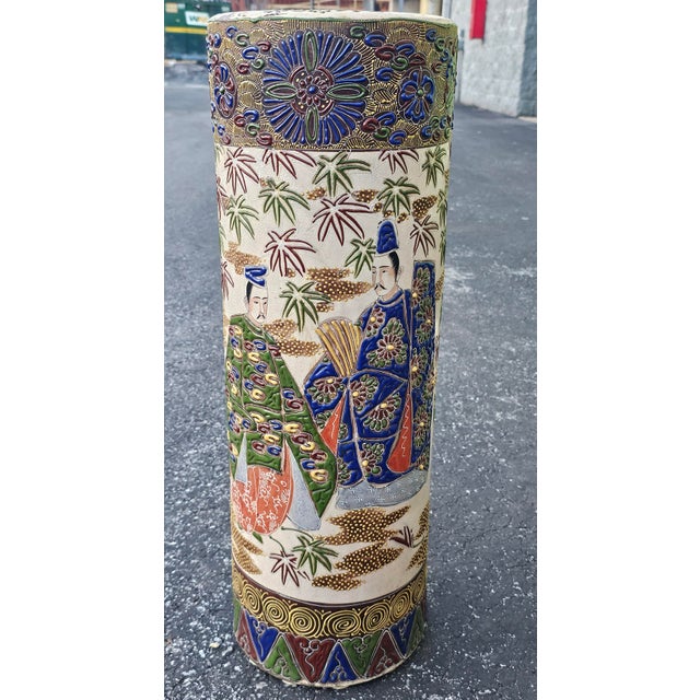 Mid 19th Century Meiji Satsuma Cylindrical Umbrella Stand Vase With Enamel Samurai Decoration For Sale - Image 10 of 16