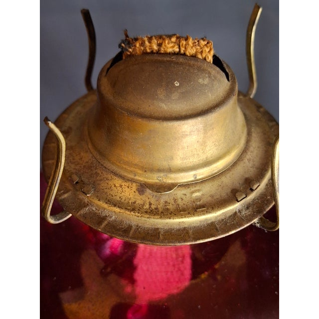 Pair Antique Bohemian Cranberry Cut-to-Clear Kerosene Lamps Marble Base P&a Eagle For Sale - Image 10 of 15