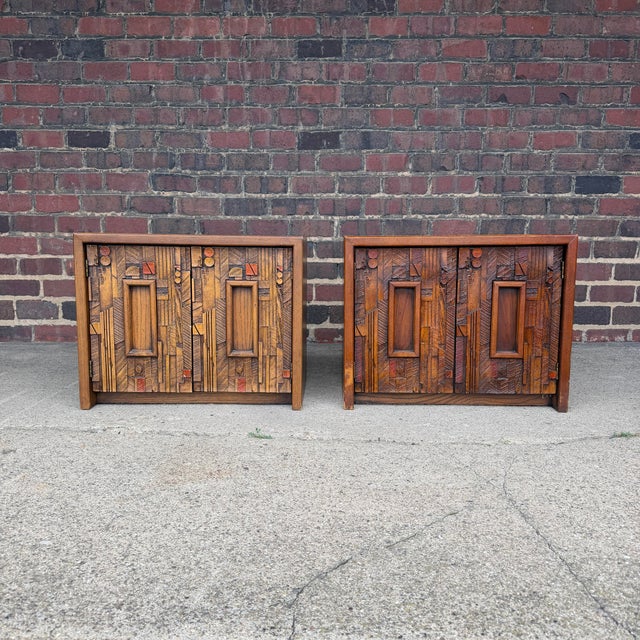 1970s Lane Furniture Pueblo Brutalist Oak Nightstands – Pair For Sale - Image 11 of 12