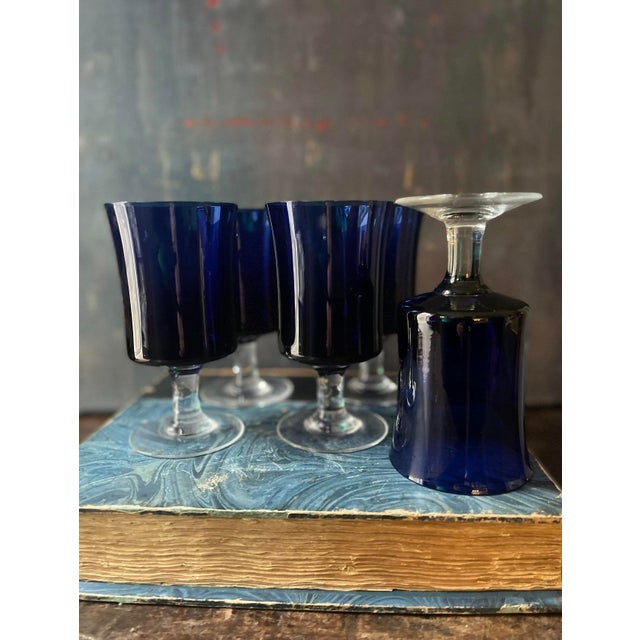 Early 20th Century Early 20th Century Deep Blue Sasaki Wineglasses Coastal Decor Jewel Tones - Set of Five (5) For Sale - Image 5 of 7