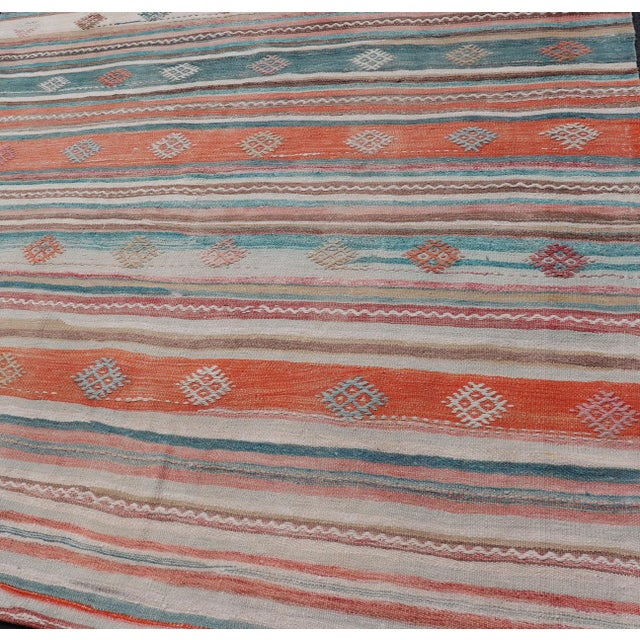 Cerulean Colorful Vintage Turkish Embroidered Kilim With Stripes and Geometric Motifs 5'5 X 10'4 For Sale - Image 8 of 14