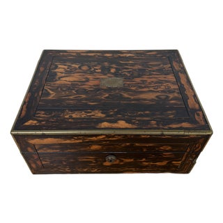Antique Victorian Coromandel Wood Box With Brass Trim and Removable Interior Tray, 19th Century For Sale