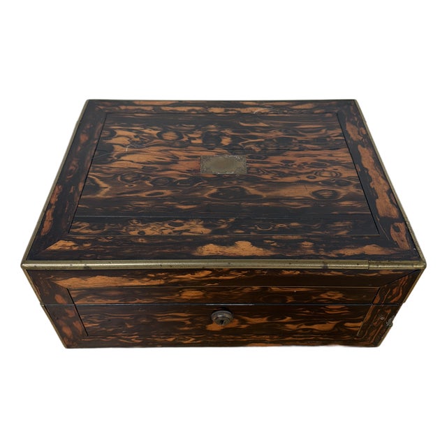 Antique Victorian Coromandel Wood Box With Brass Trim and Removable Interior Tray, 19th Century For Sale