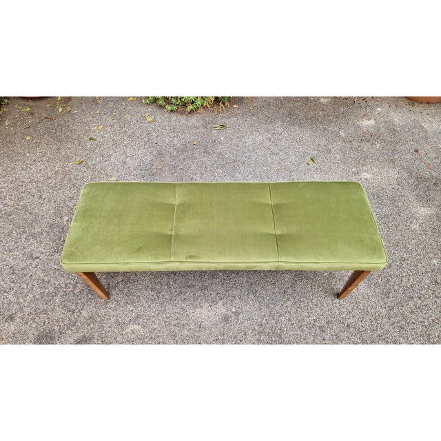 Bench with Straight Light Wood Legs and Green Fabric Seat, 1950s For Sale - Image 12 of 13