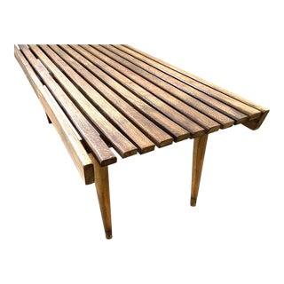 Mid Century Vintage 48" Wooden Slat Bench With Tapered Legs For Sale