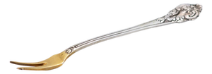 Silver Pickle Serving Fork with Gold Tips and Embossed Handle