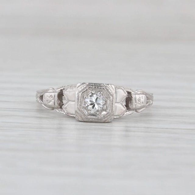 Silver Vintage 0.14ct Transitional Cut Diamond Engagement Ring 18k White Gold Size 5 For Sale - Image 8 of 8