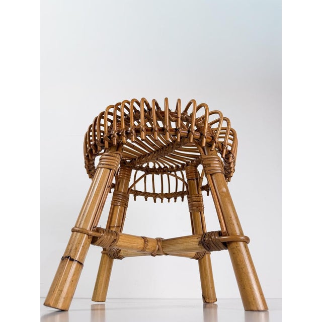 Mid-Century Italian Handcrafted Cane Bamboo & Rattan Stool in the style of Albini for Tito Agnoli, 1960s For Sale - Image 13 of 18
