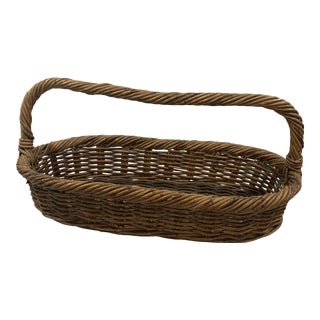 1970s Oblong Rattan Basket With Handle For Sale