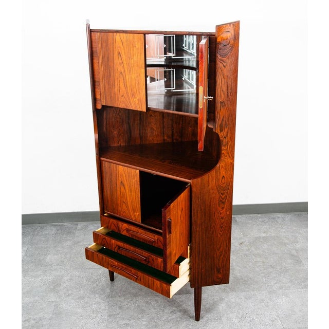 1960s Mid Century Danish Modern Corner Cabinet Rosewood Bar Denmark Drawers Locking For Sale - Image 5 of 12