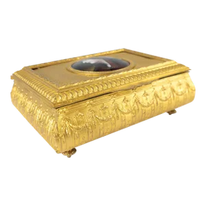 Early 20th Century French Gilt Brass Jewelry or Trinket Box With Limoges Enamel Plaque