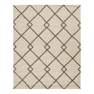 8x10 Geometric Trellis Hand-Tufted Wool Rug – Neutral Beige & Charcoal For Sale