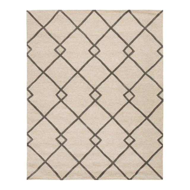8x10 Geometric Trellis Hand-Tufted Wool Rug – Neutral Beige & Charcoal For Sale