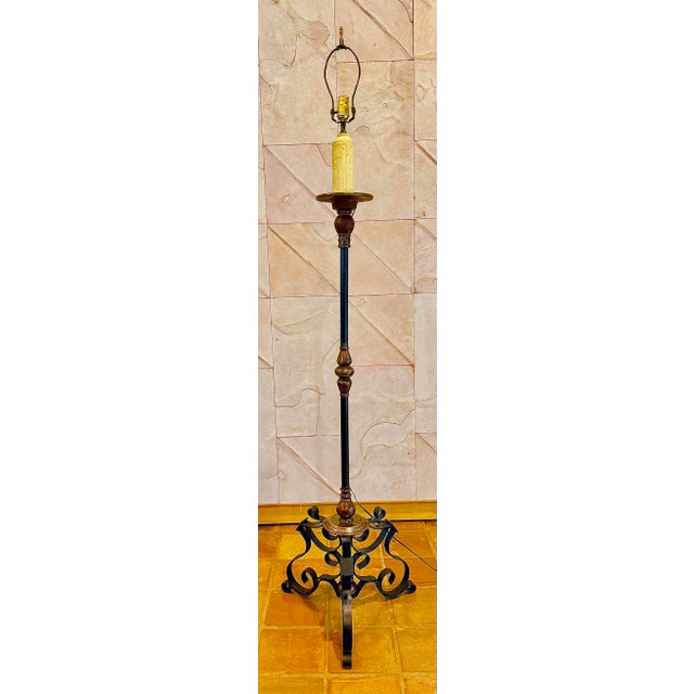 1940’s Heavy Vintage Striking Spanish Revival Tripod Floor Lamp With Ornate, Hand-Forged Wrought Iron & Bronze...