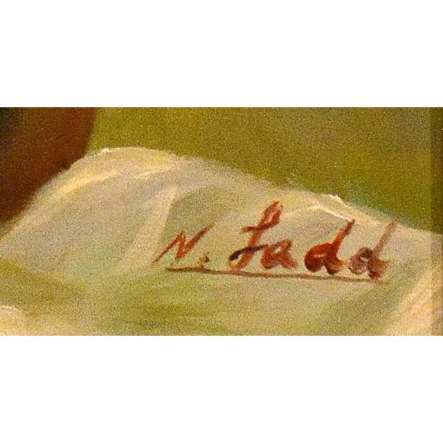 This canvas, painted with oil, portrays a young reader gazing upwards. It is signed by the renowned artist N. Ladd....