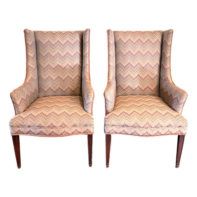 Flamestitch / Peach Velvet Wingback Chairs For Sale