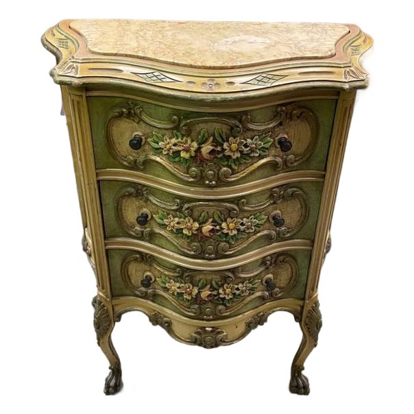 Antique 1920's Marble Topped Chest of Drawers / NIghtsand, French Revival, Hand Painted, Hand Carved Wood For Sale