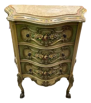 Antique 1920's Marble Topped Chest of Drawers / NIghtsand, French Revival, Hand Painted, Hand Carved Wood